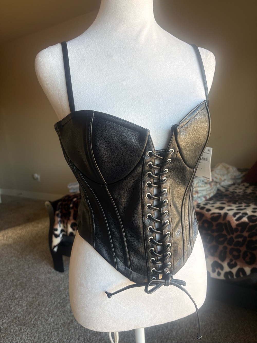 Good American Black Faux Leather Lace-Up Corset Top NWT
